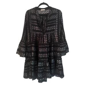 Elan Black Metallic Silver Tiered Boho Dress Bell Sleeve Tunic Medium